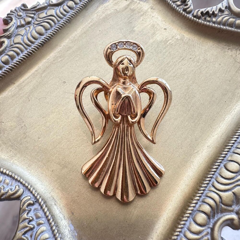 Vintage Angel Praying Angel Brooch Pin Gold Tone Religious Jewelry